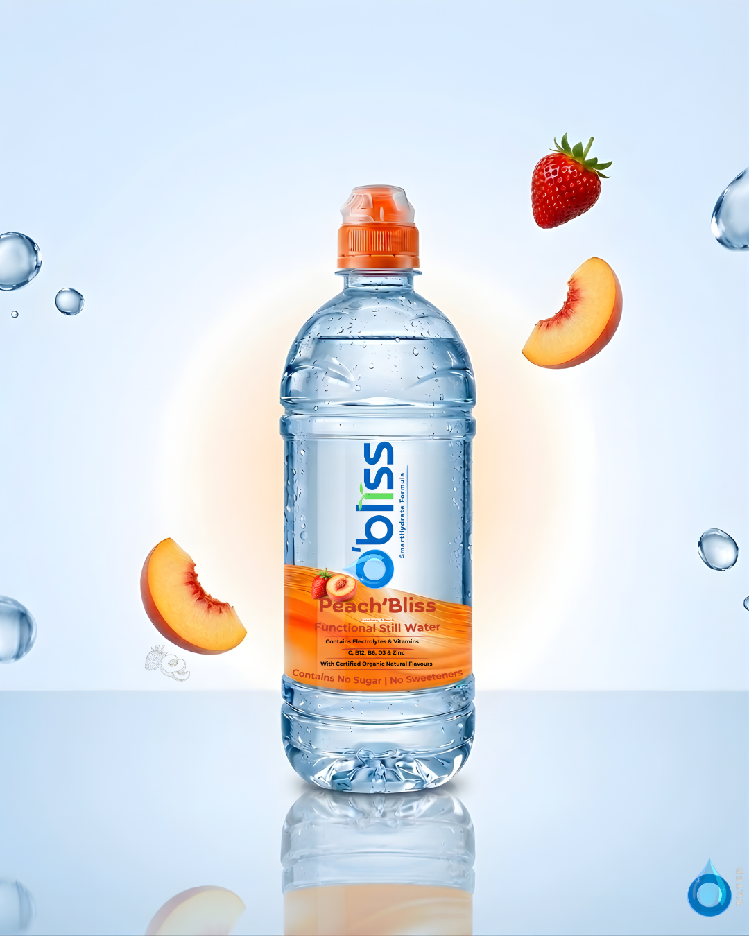 O'bliss bottle with floating fruit and droplets on reflective surface